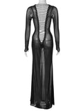  MQTIME  -  Women See Through Mesh Long Dress Long Sleeve Tie-Up Backless Bodycon Dress Evening Party Sexy Dress Beach Cover-ups