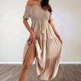 MQTIME  -  Solid Color Off Shoulder Pleated Women's Long Dress Summer Simple Short Sleeved High Waist Dress Beach Hollow Out Loose Dresses