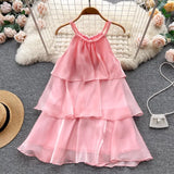 MQTIME  -  Holiday Sweet Organza Gauze Gentle Style Ruffled Halter Dress Women Sleeveless Loose Strap Short Dress Summer Beach Mini Dress