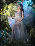 MQTIME  -   Women Photography Props Champange Mesh V-neck Fairy Elegant Maternity Dresses Perspective Pregnancy Dress for Studio Shooting
