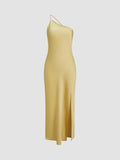 MQTIME  -  Women's Solid Color Satin Dress One-shoulder Asymmetrical Backless Sexy Evening Dresses Side-slit Party Gowns
