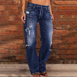 MQTIME  -  Denim Pants Jeans Women Ripped Vintage Middle Waist Straight Wide Leg Pants Jeans Long Pants Work Summer Female Jeans