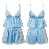  MQTIME  -  Summer Women Retro Satin Pajama Sets Sleeveless Camisole Tops with Shorts 2 Piece Outfits Lace Trim Sleepwear