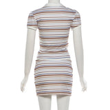 MQTIME  -  Striped Print Vintage Ribbed 2 Piece Set Women Sexy Turn Down Collar V-neck Short Sleeve T-shirts Tops + Drawstring Mini Skirts