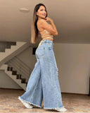 MQTIME  -  Summer New High Waist Retro Loose Hole Wide Leg Pants Light Color Washed New Jeans Women's Pants jeans