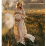 MQTIME  -  Bohemian Photo Shooting Pregnancy Dress One Shoulder Long Sleeved Two-Piece Pure Cotton Lace Dress Photography Dress For Women