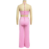 MQTIME  -  Women 2 Piece Set Summer Clothes Fashion Solid Sleeveless Halter Neck Lace Up Backless High Waist Top Loose Pants Sets