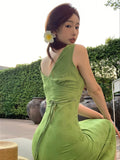 MQTIME  -  Green hollow V-neck suspender dress for women's summer sexy long Dress tie up wrap around buttocks Dress
