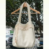 MQTIME  -  Harajuku Beige Canvas Shoulder Bags Women Vintage Lace Large Capcity Tote Bag Purse Female Versatile Casual Handbag Y2k