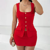MQTIME  -  New Fashion Style Slimming Solid Color Button Square Collar Sleeveless Tank Top with Hip Wrapping Skirt Set