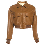  MQTIME  -  Fashion Retro Lapel Short Leather Jacket Women Full Sleeve Zipper Pocket Cropped Jackets Lady Daily Highstreet Outerwear