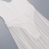 MQTIME  -  Metal Buckle Sheer Mesh Bodysuits Patchwork Maxi Party Dress Women Elegant V Neck Spaghetti Straps Backless Birthday Long Robe