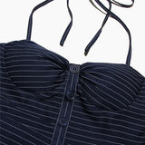 MQTIME  -  Navy Blue Striped Halter Mini Dress For Women Sexy Sleeveless A-line Mini Summer Party Swing Dresses High Street Robe D474