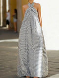 MQTIME  -  Spring Criss-cross Halter Backless Women Dress Fashion Striped Print Hollow Long Party Dress Summer Sleeveless Pocket Maxi Dress