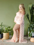  MQTIME  -  Maternity Dress Soft Stretchy Lace Off Shoulder Doubly Split A line Skirt Pregnancy Maxi Gown for Photoshoot