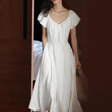 MQTIME  -  French Bubble Sleeve v-Neck Dress Fairy Dress Slimming Party Style Club Style Casual Dress Long Dress