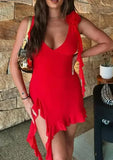 MQTIME  -  Summer Sexy Girl V-Neck Solid Mesh Tassel Mini Dress New Style Fashion Slimming Sweet Asymmetrical Ruffled Dresses for Women