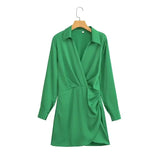 MQTIME  -  Women Long Sleeve Lapel Dress Solid Color Summer Fashion Streetwear Female Pleated Dresses Office Lady Elegant Shirt Dress