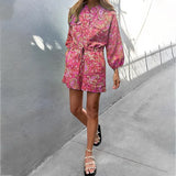 MQTIME  -  Women Summer Long Sleeve Playsuit with Waist Elastic Band Casual Stand Collar Pocket Loose Wide Leg Short Jumpsuit