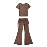 MQTIME  -  Woman 2 Piece Set Outfit Solid Color Short-sleeved T-shirt Lace-up Bootcut Culottes Long Pants Two Piece Outfits Simple Style