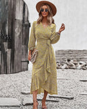 MQTIME  -  Printing Maxi Dress V Neck Bandage Boho Holiday Dress Long-sleeved Belt Lace-up Vestidos Ruffled Beach Dresses