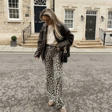 MQTIME  -  Women Animal Print Straight Leg Pants Fashion Slim Fit Trousers with Zipper Detail for Casual Streetwear