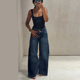 MQTIME  -  Women High Waist Wide Leg Jeans Double‑button Waistband Loose Denim Trousers Fashion Casual Street Daily Fall Outfit