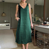MQTIME  -  Retro Solid Color Lady V Neck Loose Suspenders Dress Sexy Hollow Out Sleeveless Summer Dress Casual Street Pocket Pullover Dress