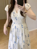 MQTIME  -  Dresses Women Sweet Floral Printed V Neck Short Sleeve Summer Fashion Elegant Dress Female Casual Temperament Chic