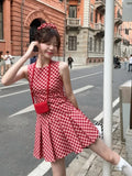 MQTIME  -  Y2k Red Sleeveless Tank Mini Dresses for Women Vintage Plaid Pleated Low Wasit Dress Summer Korean Cutecore Clothes Chic