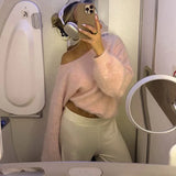 MQTIME  -  Mink Hair Off Shoulders Sweater For Women Loose Pullover Long Sleeve Knitted Top Casual Lazy Autumn Fashion Lady Sweater