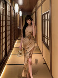 MQTIME  -  Korean Fashion Style Sexy Spaghetti Strap Dress Elegant Rose Print Sleeveless Irregular Backless Waist Slim Vest Vintage Dresses