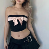 MQTIME  -   Pink Bow Strapless Top for Women Hot Y2k Style Sleeveless Contrast Color Black Tops Fashion Cropped Tanks Streetwear Sweet