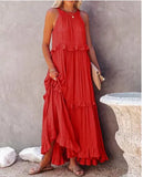 MQTIME  -  Women Boho Solid Color Dress Sleeveless Ruffled Maxi Vestidos Loose Fit Straight Hippie Dresses Layered Princess Robe