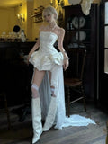 MQTIME  -  French Coquette Princess Elegant Strapless Corset Ruffle Tiered Asymmetrical Train Mini Dress Women White Satin Party Daily Wear