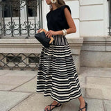 MQTIME  -  Spring Fall Casual Big Swing Party Skirt Fashion Striped Printed Half Skirt For Women Elegant Hight Waist Draped Bohe Long Skirt