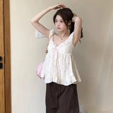 MQTIME  -  Summer Sweet French V Neck Short Sleeve Shirts Y2k Fairy Flower Print Thin Spliced Lace A-line Korean Tops Streetwear Lazy Tees