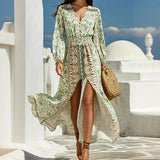 MQTIME  -  Summer Lantern Long Sleeve Split Pleated Dress Elegant High Waist Loose Party Dress Bohemian Style Printed V-neck Vacation Dress