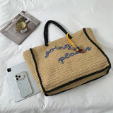  MQTIME  -  Women Large Capacity Hand Woven Straw Tote Bag Top Handles Simple Letter Embroidery Summer Beach Travel Shopping Handbag