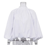 MQTIME  -  Casual Backless Bow T-Shirt Women's Top High Neck Lace-Up Lantern Sleeve Commute Loose Patchwork Fashion Female Top