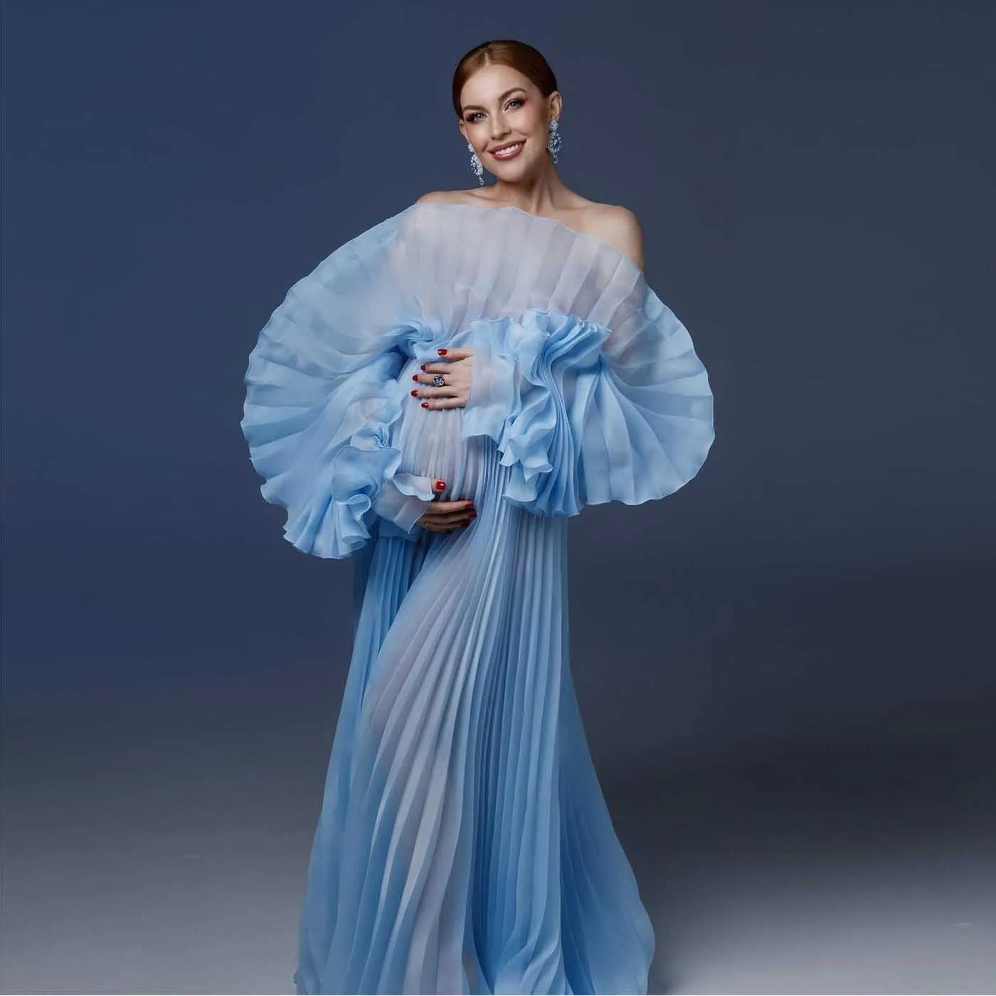 MQTIME - Elegant Blue Pleated Maternity Dresses for Photoshoot Puff Sl mqtime MQTIME - Elegant Blue Pleated Maternity Dresses for Photoshoot Puff Sl mqtime