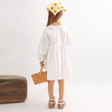  MQTIME  -  Girls White Cotton Linen Dress Spring New Baby Girl V-Neck Casual Loose Linen Long-Sleeved A-Line Dress Doll Princess Dresses