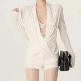 MQTIME  -  New Hot Sale Of The Season Lace Insertion Cross Neck Design Sensual Early Autumn Top Fake Two-Piece Splice Strategy Women's T-sh