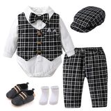 MQTIME  -  Infant 1st Birthday Gentleman Clothes Newborns Plaid Vest Hat Pants White Bodysuit Wedding Costume Baby Boy Formal Boutique Set
