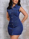  MQTIME  -  Women Dark Blue Single Breasted Denim Dress Chic Folds Slimming Short Sleeve Dresses Summer New Sexy Fashion Mini Dress