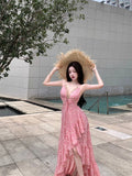 MQTIME  -  Chic Backless Maxi Dresses Women Print Sexy V Neck Suspender Irregular Ruffles Vestidos Beach Vacation Elegant Dresses