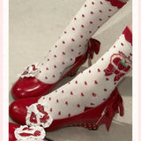 MQTIME  -  Japanese Vintage Gothic Style Lolita Shoes Women Sweets Polka Dot Print Lace Bow Metal Button Mary Jane Shoes Fashion Wedge Heel