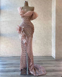  MQTIME  -  Luxury Dubai Arabia Prom Dresses Sexy One Shoulder High Split Evening Gowns Ruched Sweep Train Custom Made Party Formal Wear