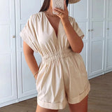 MQTIME  -  2024 Women Apricot Playsuits Chic Lady Casual Summer Fashion Y2k Pleated Solid Beach Loose Elastic High Waist Short Jumpsuits