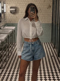  MQTIME  -  Elegant Women's Polka Dot Short Tulle Shirt Summer Lapel Long Sleeve Hem Drawstring Translucent Top Female Street Blouse